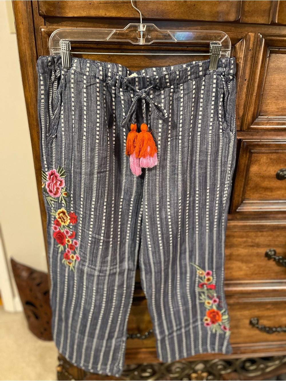 Striped Wide-Leg Embroidered Pants with Tassel Tie - Navy